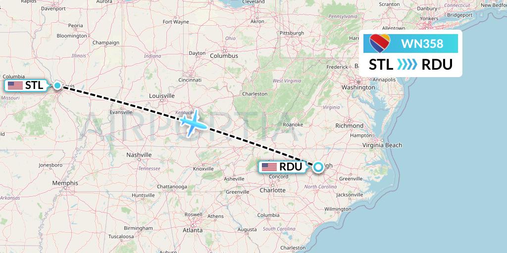 WN358 Southwest Airlines Flight Map: St. Louis to Raleigh-Durham