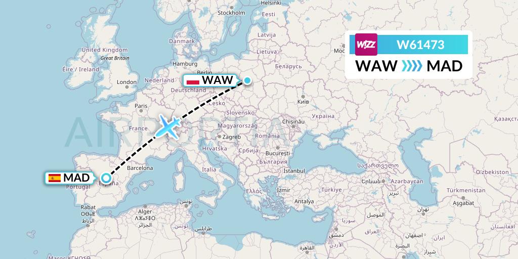 W61473 Wizz Air Flight Map: Warsaw to Madrid