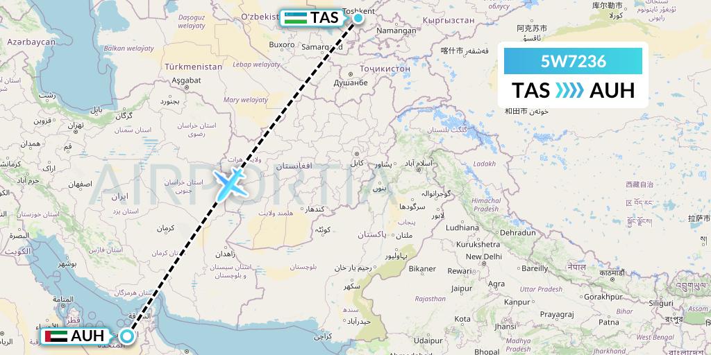 5W7236 Wizz Air Abu Dhabi Flight Map: Tashkent to Abu Dhabi
