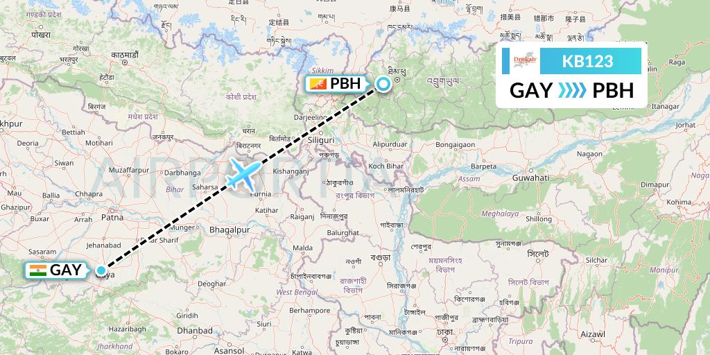 KB123 Druk Air Flight Map: Gaya to Paro