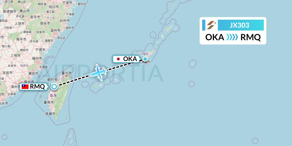JX303 Starlux Airlines Flight Map: Naha to Taichung