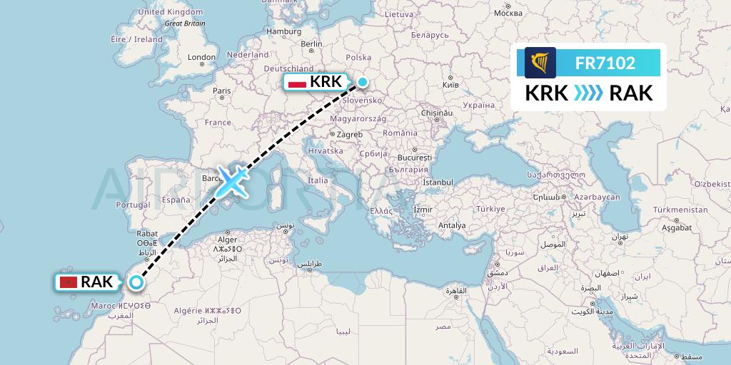 FR7102 Ryanair Flight Map: Krakow to Marrakesh 