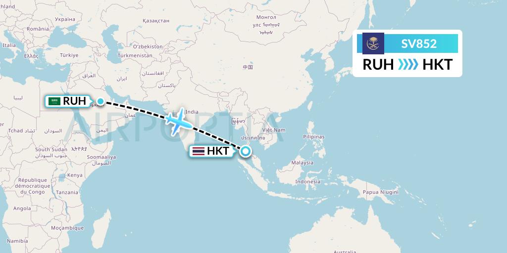 SV852 Saudi Arabian Airlines Flight Map: Riyadh to Phuket