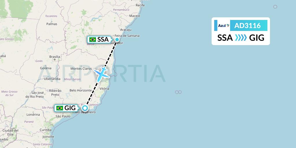 AD3116 Azul Brazilian Airlines Flight Map: Salvador to Rio de Janeiro
