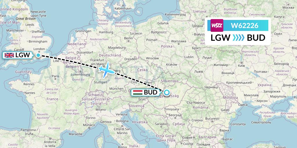 W62226 Wizz Air Flight Map: London to Budapest