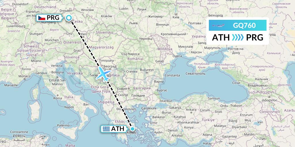 GQ760 Sky Express (Greece) Flight Map: Athens to Prague