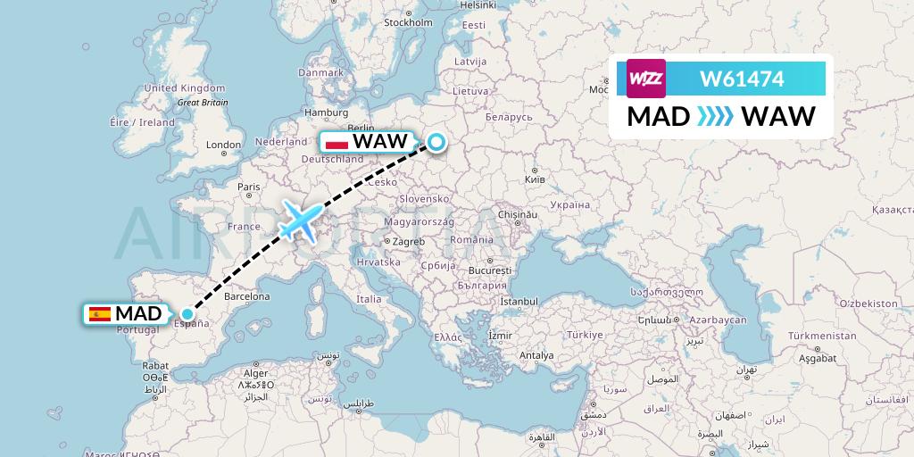 W61474 Wizz Air Flight Map: Madrid to Warsaw
