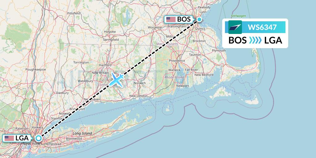 WS6347 WestJet Flight Map: Boston to New York