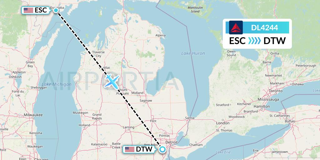 DL4244 Delta Air Lines Flight Map: Escanaba to Detroit