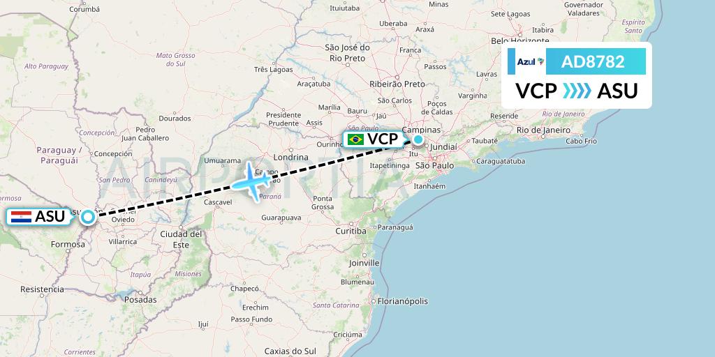 AD8782 Azul Brazilian Airlines Flight Map: Campinas to Asuncion