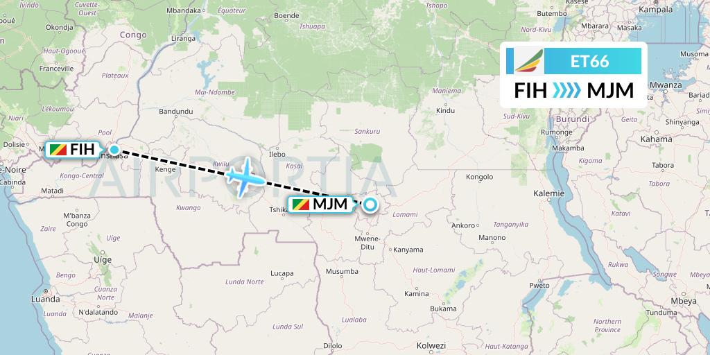 ET66 Ethiopian Airlines Flight Map: Kinshasa to Mbuji Mayi