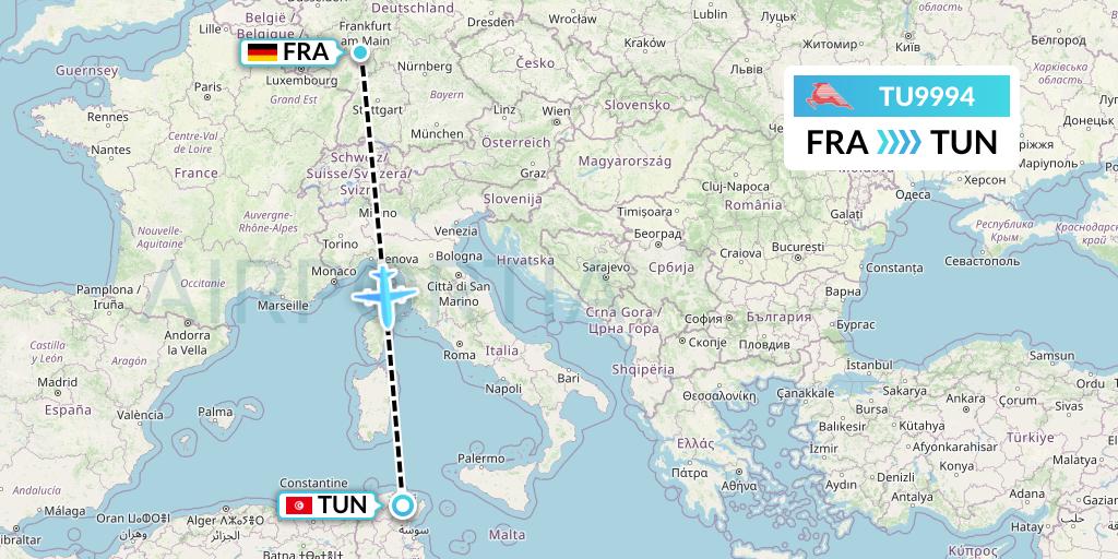 TU9994 Tunisair Flight Map: Frankfurt to Tunis