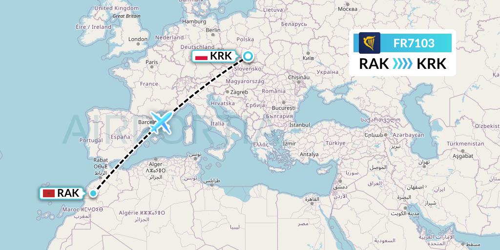 FR7103 Ryanair Flight Map: Marrakesh to Krakow
