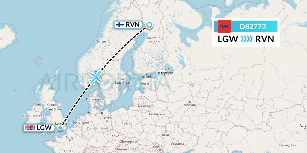 D82773 Norwegian Air International Flight Map: London to Rovaniemi
