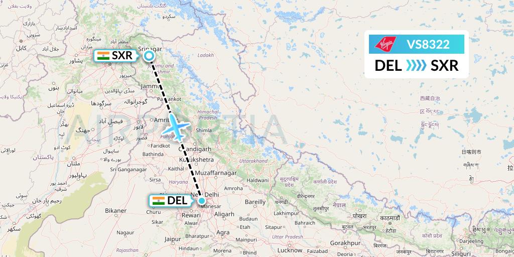 VS8322 Virgin Atlantic Airways Flight Map: Delhi to Srinagar