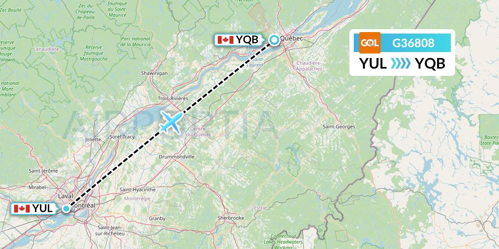 G36808 GOL Transportes Aeros Flight Map: Montreal to Quebec