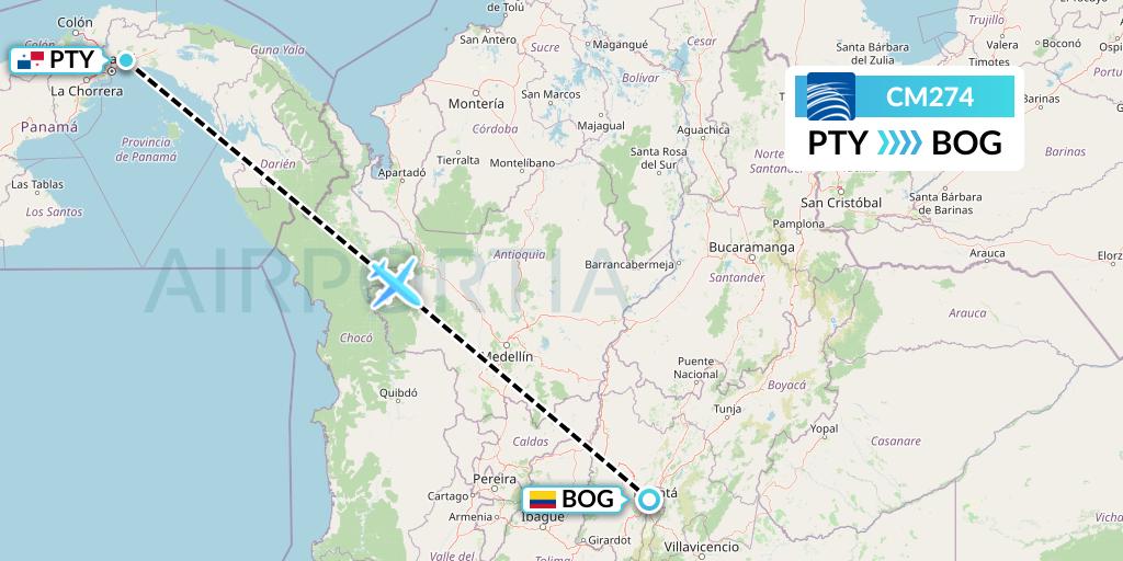 CM274 Copa Airlines Flight Map: Panama City to Bogota