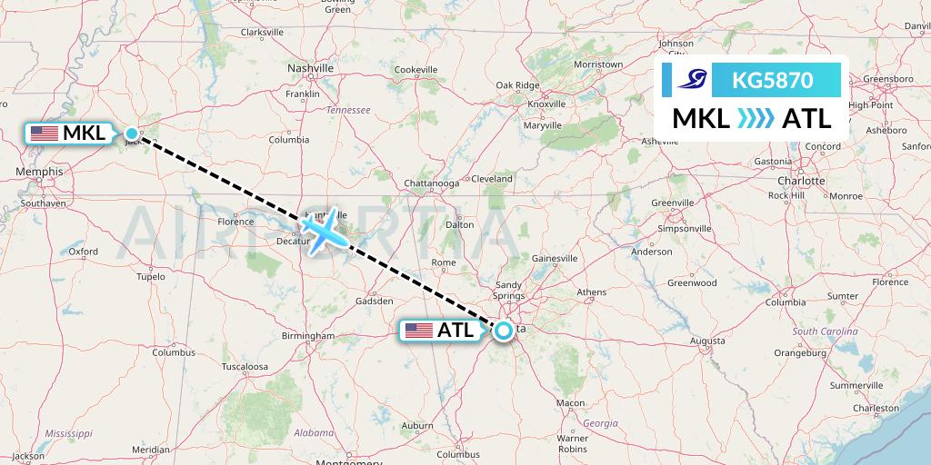 KG5870 Key Lime Air Flight Map: Jackson to Atlanta