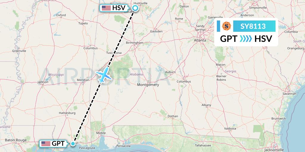 SY8113 Sun Country Airlines Flight Map: Gulfport to Huntsville
