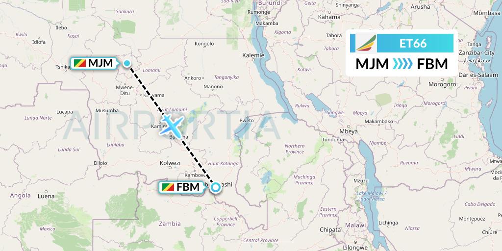 ET66 Ethiopian Airlines Flight Map: Mbuji Mayi to Lubumbashi
