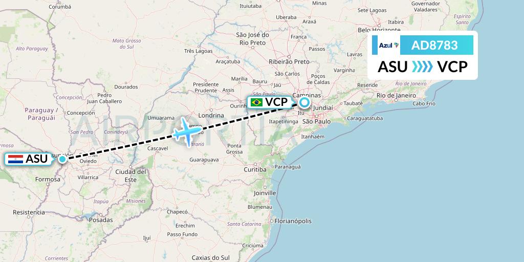 AD8783 Azul Brazilian Airlines Flight Map: Asuncion to Campinas