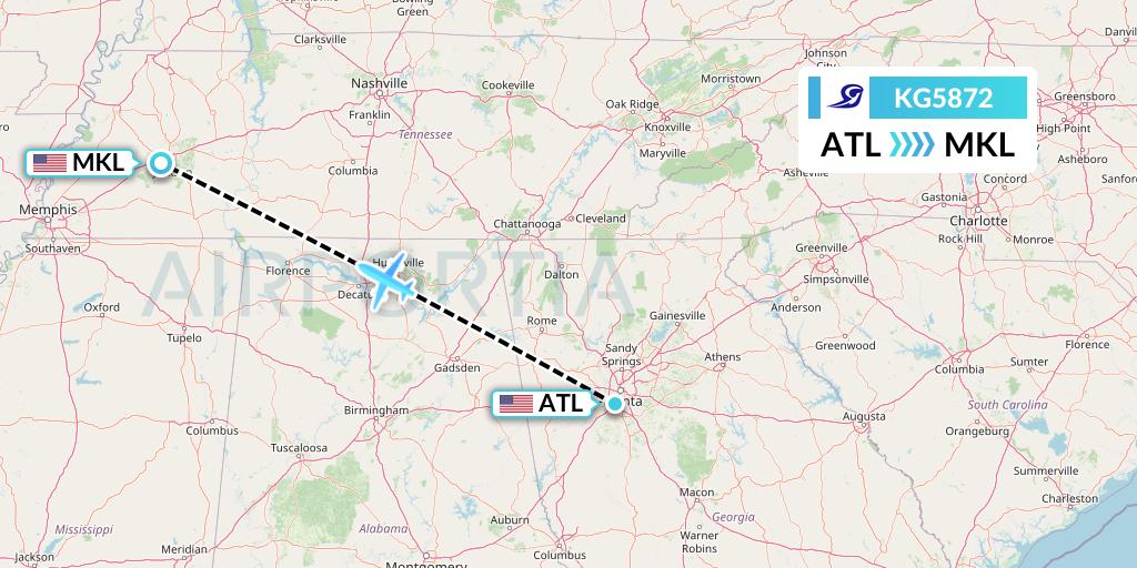KG5872 Key Lime Air Flight Map: Atlanta to Jackson