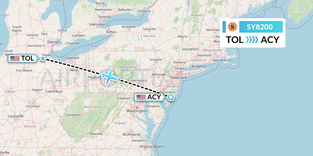 SY8200 Sun Country Airlines Flight Map: Toledo to Atlantic City