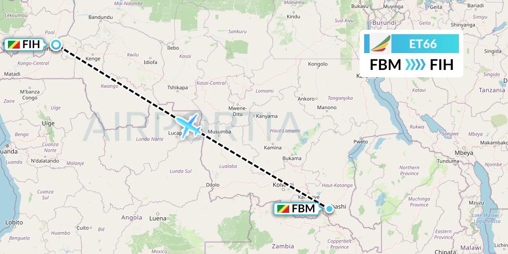 ET66 Ethiopian Airlines Flight Map: Lubumbashi to Kinshasa