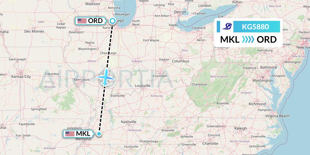 KG5880 Key Lime Air Flight Map: Jackson to Chicago