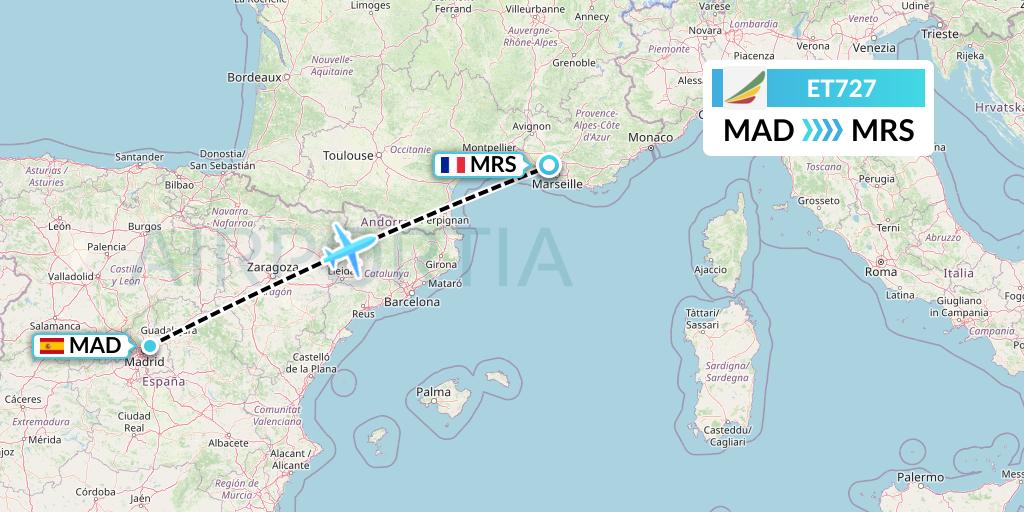 ET727 Ethiopian Airlines Flight Map: Madrid to Marseille