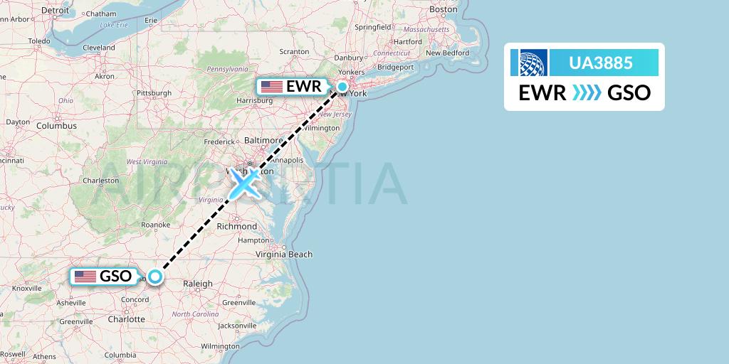 UA3885 United Airlines Flight Map: New York to Greensboro