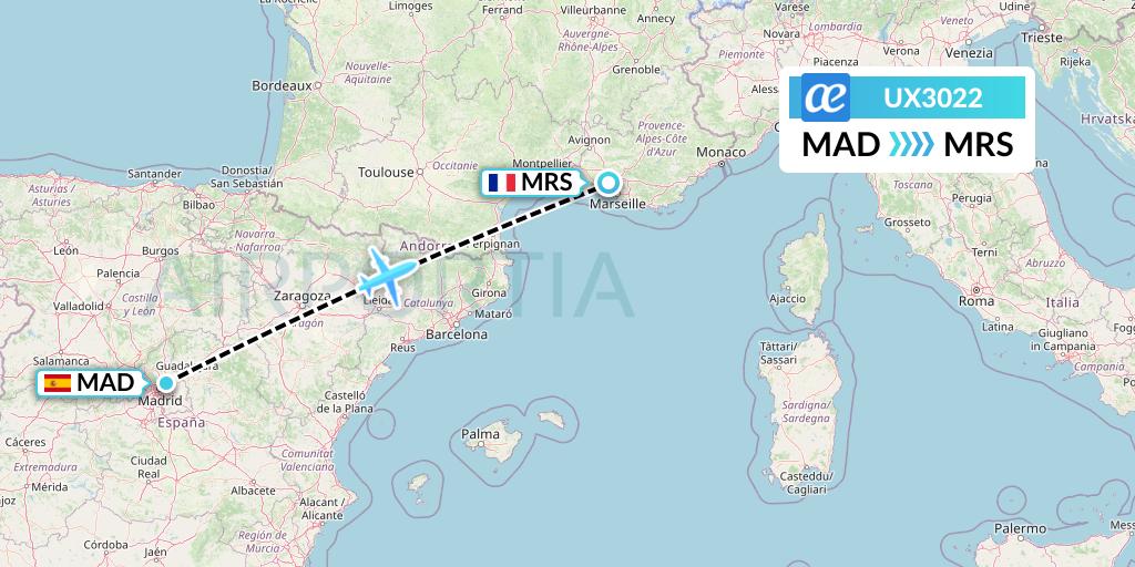 UX3022 Air Europa Flight Map: Madrid to Marseille
