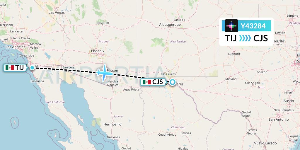 Y43284 Volaris Flight Map: Tijuana to Ciudad Juarez