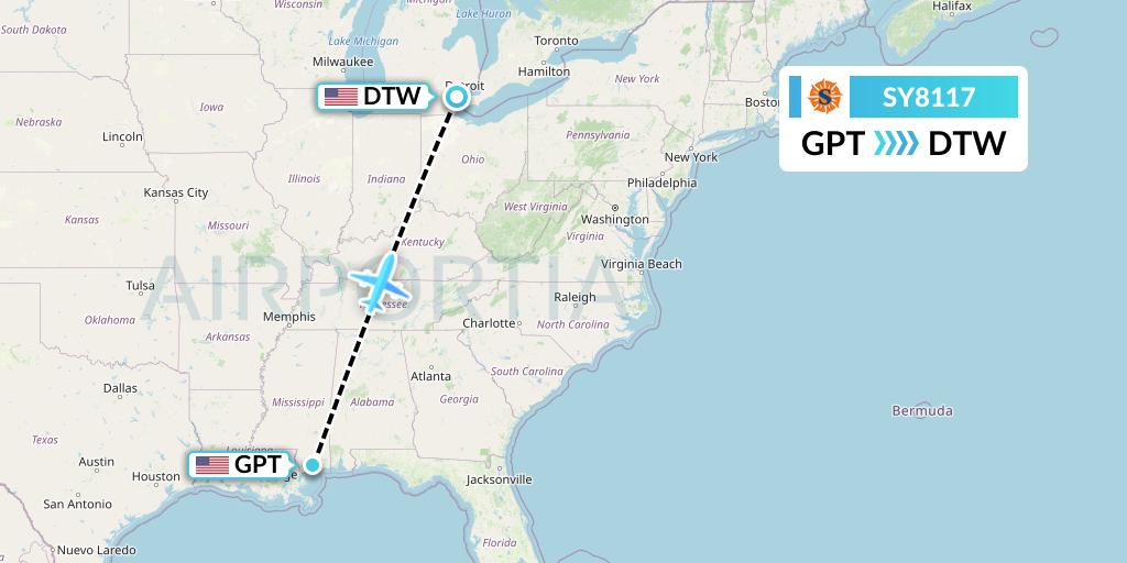 SY8117 Sun Country Airlines Flight Map: Gulfport to Detroit
