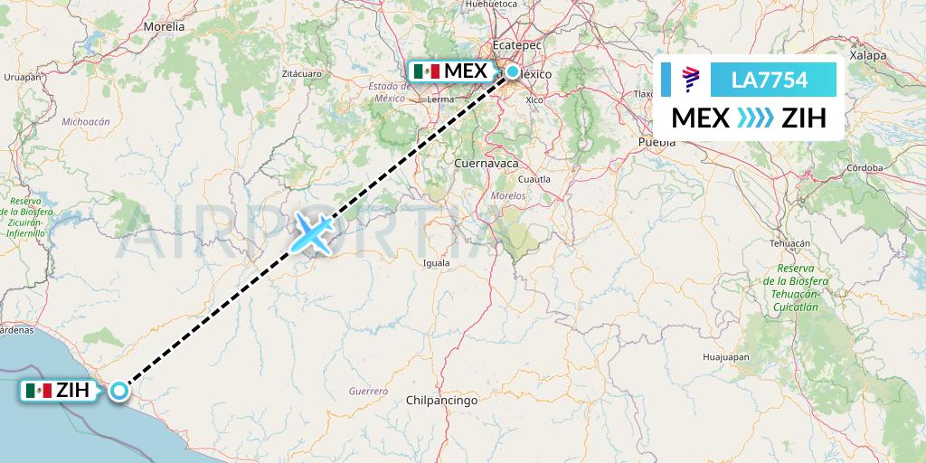 LA7754 LAN Airlines Flight Map: Mexico City to Zihuatanejo
