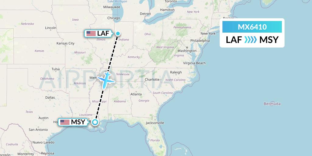 MX6410 Breeze Airways Flight Map: Lafayette to New Orleans