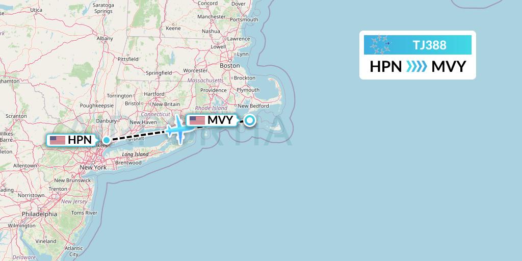 TJ388 Tradewind Aviation Flight Map: White Plains to Martha's Vineyard