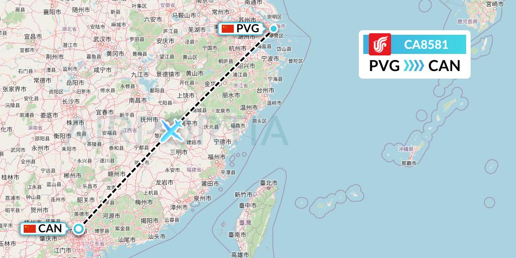 CA8581 Air China Flight Map: Shanghai to Guangzhou