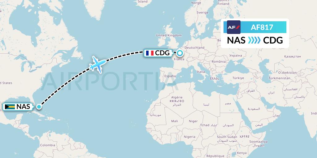 AF817 Air France Flight Map: Nassau to Paris
