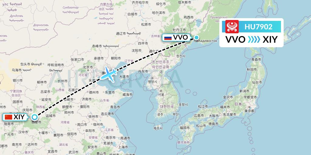 HU7902 Hainan Airlines Flight Map: Vladivostok to Xi'an