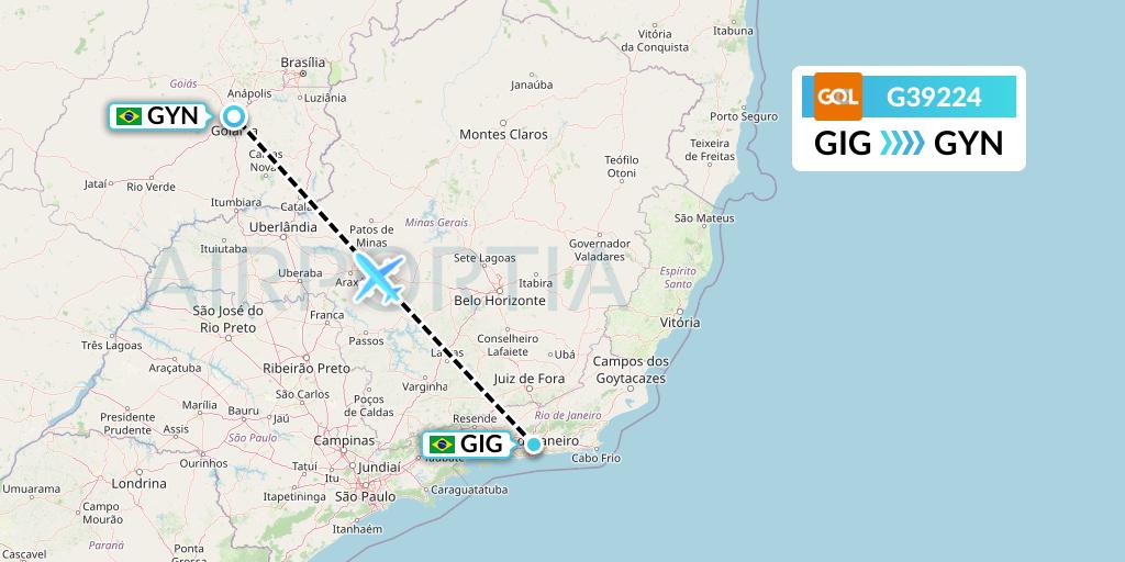 G39224 GOL Transportes Aeros Flight Map: Rio de Janeiro to Goiania