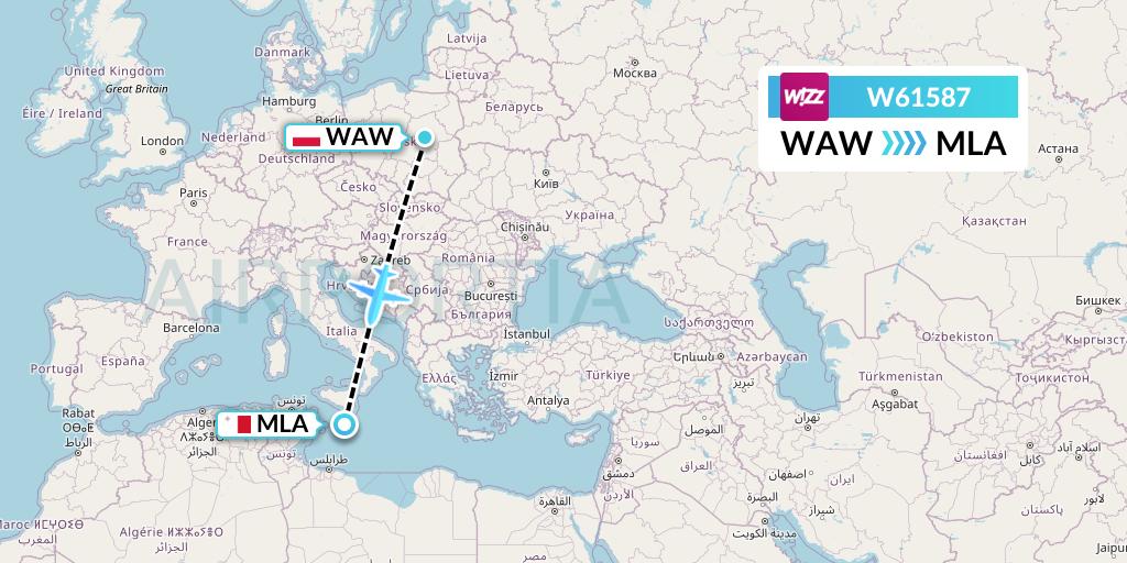 W61587 Wizz Air Flight Map: Warsaw to Malta