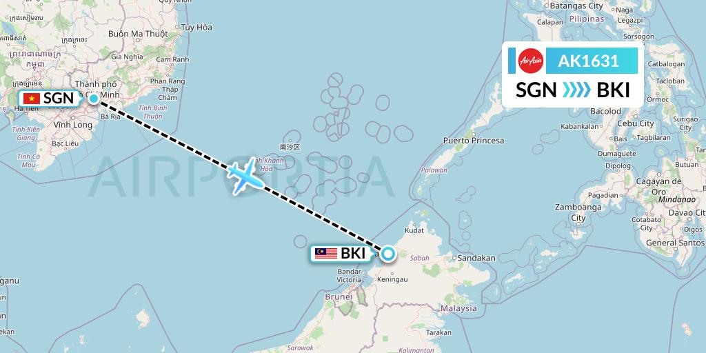 AK1631 AirAsia Flight Map: Ho Chi Minh City to Kota Kinabalu