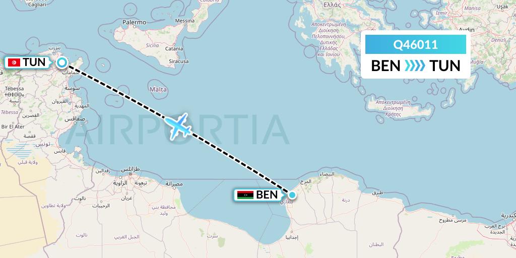 Q46011 Euroairlines Flight Map: Benghazi to Tunis