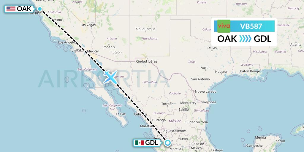 VB587 VivaAerobus Flight Map: Oakland to Guadalajara
