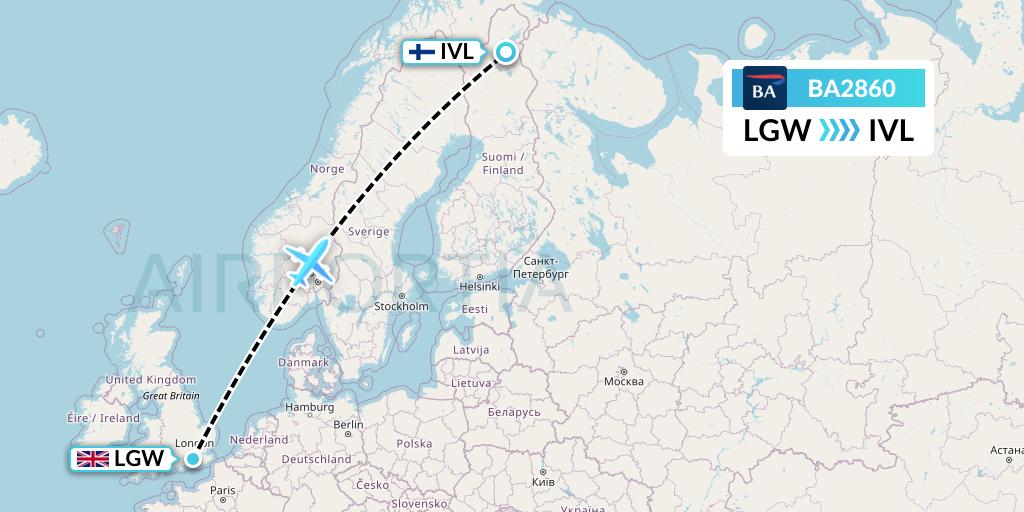 BA2860 British Airways Flight Map: London to Ivalo