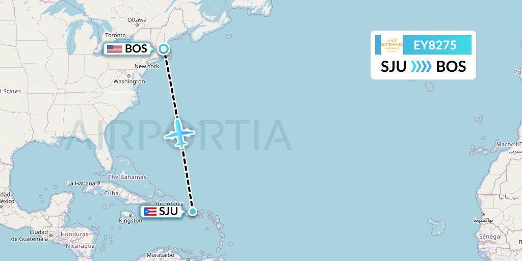 EY8275 Etihad Airways Flight Map: San Juan to Boston