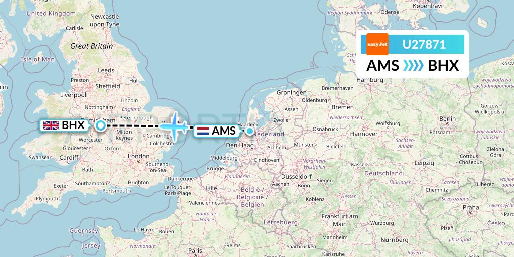 U27871 EasyJet Flight Map: Amsterdam to Birmingham