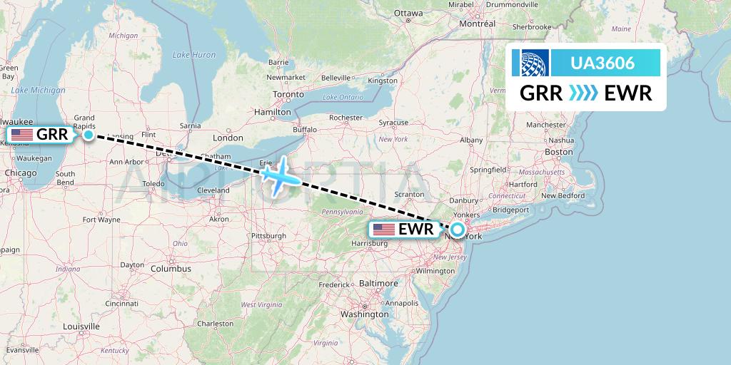 UA3606 United Airlines Flight Map: Grand Rapids to New York