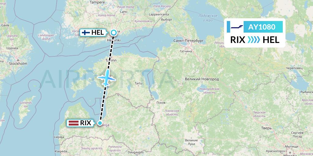 AY1080 Finnair Flight Map: Riga to Helsinki